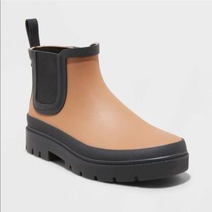 Target brand Universal Thread Kaden rubber double gore rain boots in Cognac